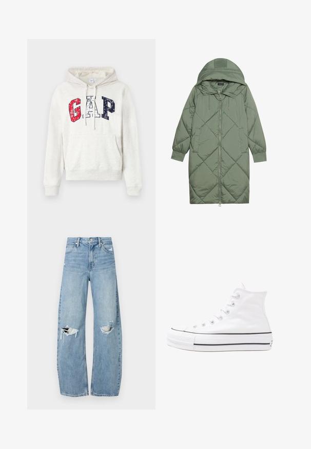 Quilted long green puffer coat with a hood, featuring a front zipper closure and two side pockets. Textured diamond pattern throughout.; Cream hoodie with a kangaroo pocket. Features "GAP" logo in red, white, and blue patterned letters. Cotton material, drawstring hood.; Light blue, high-waisted jeans made of denim. Feature wide legs, two torn knee areas, and classic five-pocket styling.; White high-top canvas sneaker with black rubber sole, front rubber toe cap, and six eyelets for laces, featuring a clean, minimalist design.