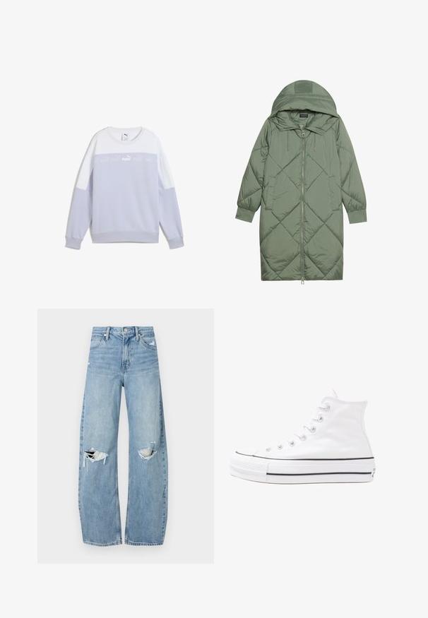 Abrigo acolchado largo verde tipo puffer con capucha, que presenta un cierre frontal con cremallera y dos bolsillos laterales. Patrón de diamantes texturizado en toda su superficie.; Sudadera de color púrpura claro con detalles en blanco. Presenta puños y dobladillo acanalados, cuello redondo y una banda de logo centrada en el pecho.; Vaqueros de mezclilla de tiro alto en azul claro. Tienen piernas anchas, dos áreas desgastadas en las rodillas y un estilo clásico de cinco bolsillos.; Zapatilla de lona alta blanca con suela de goma negra, puntera de goma frontal y seis ojetes para los cordones, que presenta un diseño limpio y minimalista.