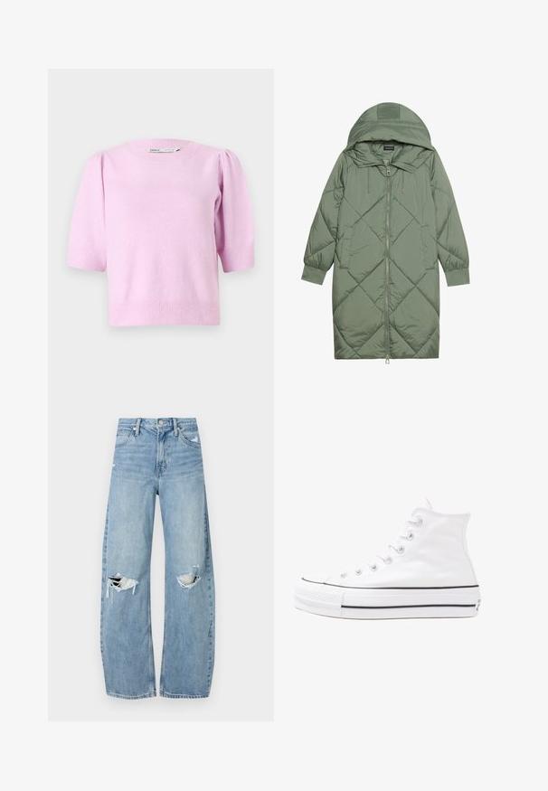 Vihreä vuorattu pitkänmallinen puhvitakki, jossa on huppu, etuvetoketju ja kaksi sivutaskua. Koko takin pinta on teksturoidussa timanttikuviossa.; Vaaleanpunainen lyhythihainen neulepaita, jossa on pyöreä kaula-aukko, ribbaatty hihansuu ja pehmeä pinta, jossa on hillitty puffityyli olkapäissä.; Vaaleansiniset, korkeavyötäröiset farkut, jotka on valmistettu denimmateriaalista. Ominaisuuksiin kuuluvat leveät lahkeet, kaksi revittyä polvialuetta ja klassinen viiden taskun tyyli.; Valkoiset korkeavartiset kangaskengät mustalla kumipohjalla, edessä kuminen varvasosa ja kuusi nauha-aukkoa, puhtaan minimalistisella muotoilulla.