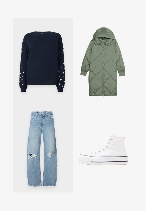Quilted long green puffer coat with a hood, featuring a front zipper closure and two side pockets. Textured diamond pattern throughout.; Navy sweatshirt with long sleeves featuring scattered silver heart patterns on the sleeves, ribbed cuffs, and crew neckline.; Light blue, high-waisted jeans made of denim. Feature wide legs, two torn knee areas, and classic five-pocket styling.; White high-top canvas sneaker with black rubber sole, front rubber toe cap, and six eyelets for laces, featuring a clean, minimalist design.