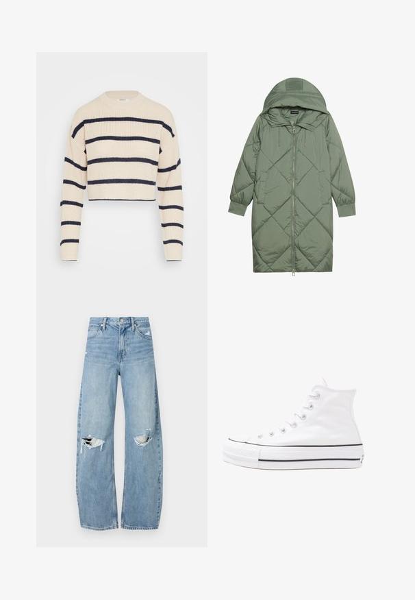 Zelený prešívaný páperový kabát s kapucňou, so zipsovým uzáverom vpredu a dvoma bočnými vreckami. Po celom povrchu je textúrovaný diamantový vzor.; Krémový skrátený sveter s námorníckymi vodorovnými pruhmi, s kloktavým vzorom, okrúhlym výstrihom a dlhými rukávmi.; Svetlomodré, vysoké džínsy vyrobené z denimu. Majú široké nohavice, dve roztrhnuté kolená a klasický päťvreckový strih.; Biele vysoké plátené tenisky s čiernou gumovou podošvou, prednou gumovou špičkou a šiestimi okami na šnúrky, s čistým, minimalistickým dizajnom.