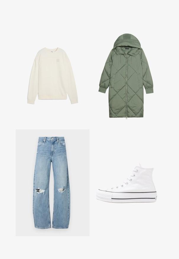Abrigo acolchado largo verde tipo puffer con capucha, que presenta un cierre frontal con cremallera y dos bolsillos laterales. Patrón de diamantes texturizado en toda su superficie.; Sudadera de color crema hecha de tela suave. Cuenta con un cuello redondo, mangas largas y un pequeño logo en un cuadrado en el pecho.; Vaqueros de mezclilla de tiro alto en azul claro. Tienen piernas anchas, dos áreas desgastadas en las rodillas y un estilo clásico de cinco bolsillos.; Zapatilla de lona alta blanca con suela de goma negra, puntera de goma frontal y seis ojetes para los cordones, que presenta un diseño limpio y minimalista.