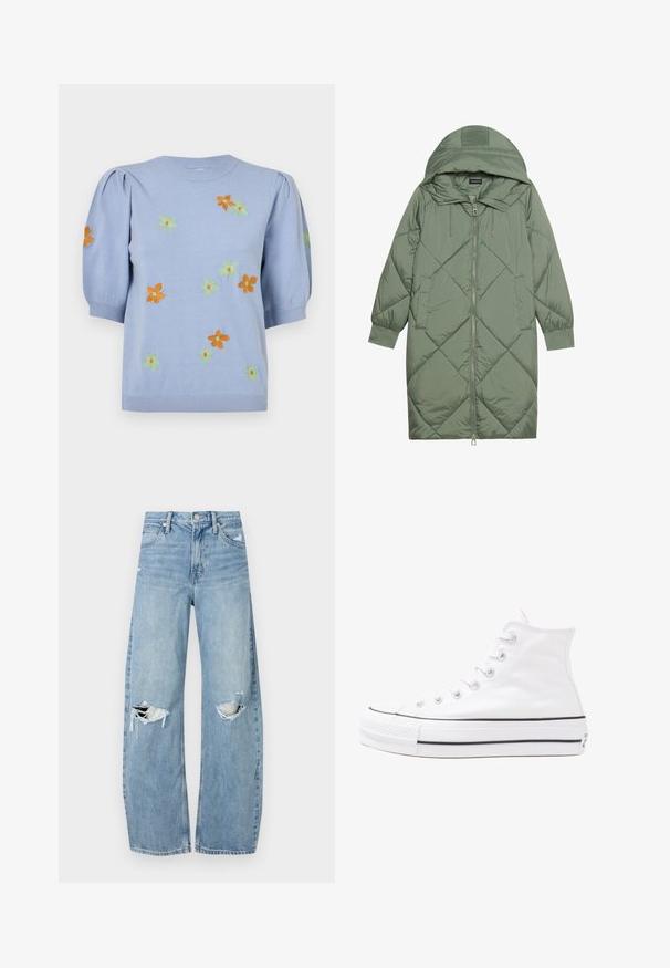 Manteau matelassé long vert avec capuche, doté d'une fermeture éclair à l'avant et de deux poches latérales. Motif en losanges texturé sur toute sa surface.; Pull en tricot bleu clair avec des manches bouffantes courtes, orné de fleurs brodées colorées en orange, vert et jaune. Col et ourlet côtelés.; Jeans en denim bleu clair à taille haute. Présentent des jambes larges, deux zones déchirées aux genoux et un style classique à cinq poches.; Baskets montantes en toile blanche avec semelle en caoutchouc noir, capuchon en caoutchouc à l'avant, et six œillets pour les lacets, présentant un design épuré et minimaliste.