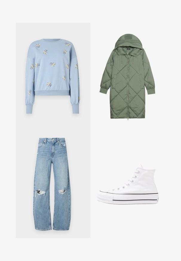 Casaco puffer longo verde acolchoado com capuz, apresentando um fecho frontal com zíper e dois bolsos laterais. Padrão texturizado em forma de diamante por todo o casaco.; ONLY ONLBROOKE O NECK  - Camisola - soft chambray; Jeans de lavagem clara, de cintura alta, feitos de denim. Apresentam pernas largas, duas áreas rasgadas nos joelhos e o estilo clássico de cinco bolsos.; Sapatilha alta de tela branca com sola de borracha preta, bico de borracha na frente e seis ilhós para os atacadores, apresentando um design limpo e minimalista.