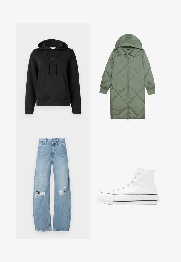 Cele nouă pictate în verde închis, din material pufos, cu glugă, care dispune de închidere cu fermoar frontal și două buzunare laterale. Model texturat cu un model în diamant pe întreaga suprafață.; Hanorac negru cu glugă, fabricat dintr-un material moale, având un buzunar frontal, sireturi și un logo discret brodat pe piept.; Jeans de denim, de un bleu deschis, cu talie înaltă. Au picioare late, două zone rupte la genunchi și un stil clasic cu cinci buzunare.; Adidași albi tip pantofi sport cu glezna din pânză, cu talpă din cauciuc negru, capac de vârf din cauciuc frontal și șase ochiuri pentru șireturi, având un design curat și minimalist.