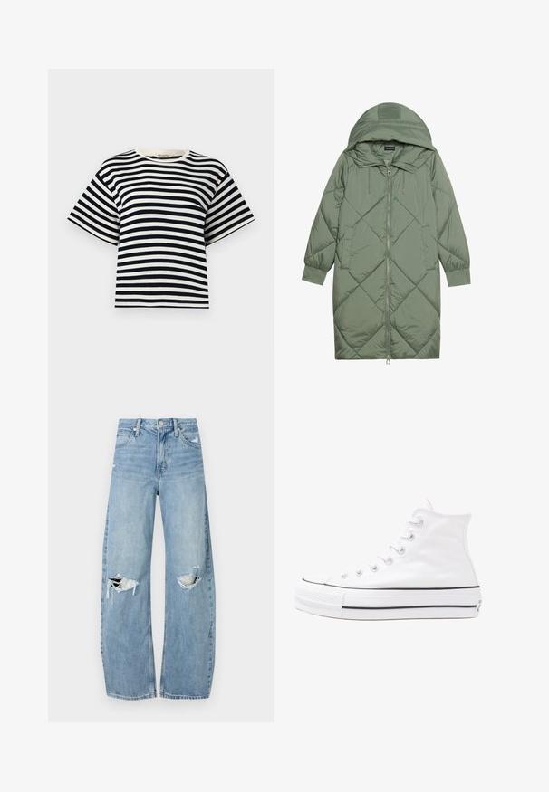 Cele nouă pictate în verde închis, din material pufos, cu glugă, care dispune de închidere cu fermoar frontal și două buzunare laterale. Model texturat cu un model în diamant pe întreaga suprafață.; Tricou cu dungi, având dungi orizontale albastre și albe, cu mâneci scurte, decolteu rotund și o croială lejeră. Fabricat din bumbac moale.; Jeans de denim, de un bleu deschis, cu talie înaltă. Au picioare late, două zone rupte la genunchi și un stil clasic cu cinci buzunare.; Adidași albi tip pantofi sport cu glezna din pânză, cu talpă din cauciuc negru, capac de vârf din cauciuc frontal și șase ochiuri pentru șireturi, având un design curat și minimalist.