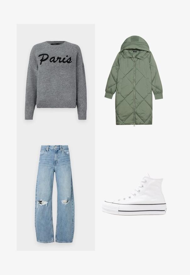 Steppelt, hosszú zöld pufikabát kapucnival, elöl cipzáras záródással és két oldalsó zsebből áll. Az anyagon teljes hosszában váltakozó gyémántmintázat található.; Szürke kötött pulóver bordás szegéllyel és mandzsettával, az elején fekete hímzett "Párizs" felirattal.; Világoskék, magas derekú farmernadrág. Széles lábakkal, két szakadt térddel és klasszikus öt zsebes dizájnnal rendelkezik.; Fehér magaskorsó vászon sportcipő fekete gumi talppal, elülső gumi orrnyereggel és hat fűzőlyukkal, letisztult, minimalista dizájnnal.