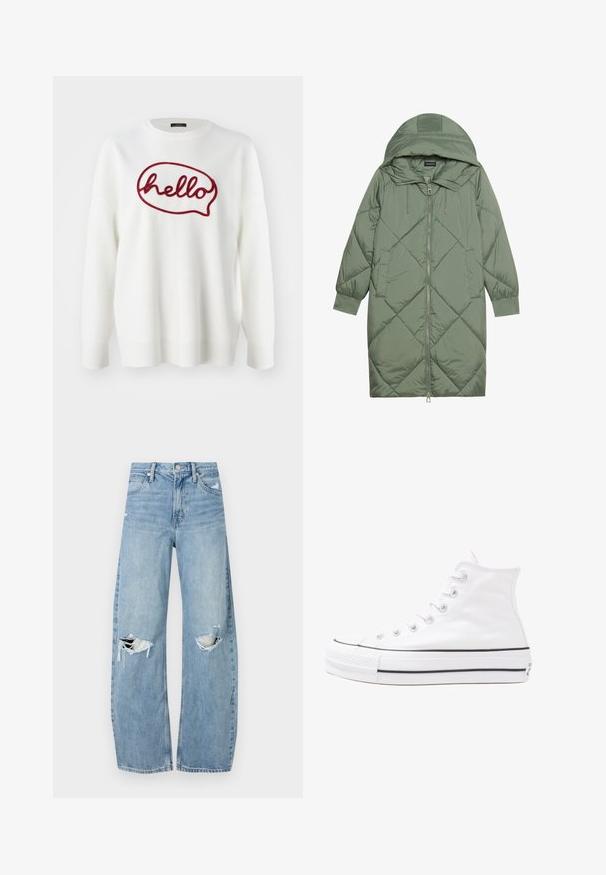 Izšūts garš zaļš pūšļa mētelis ar kapuci, ar priekšējo rāvējslēdzēju un divām sānu kabatām. Visā virsmā ir teksturēta dimanta raksts.; Balts džemperis ar sarkano izšūto "sveiks" iekļautu runas burbulī. Vienkāršs apaļš kakla izgriezums un ribotas aproces un apakšmala.; Gaiši zili, augstās vidukļa džinsi, kas izgatavoti no denima. Iespējas plašas kājas, divas plēstas ceļa daļas un klasiskā piecu kabatu dizains.; Balti augstie kanvas sporta apavi ar melnu gumijas zoli, priekšējo gumijas purngalu un sešām acīm lencēm, kuriem ir tīrs, minimālistisks dizains.