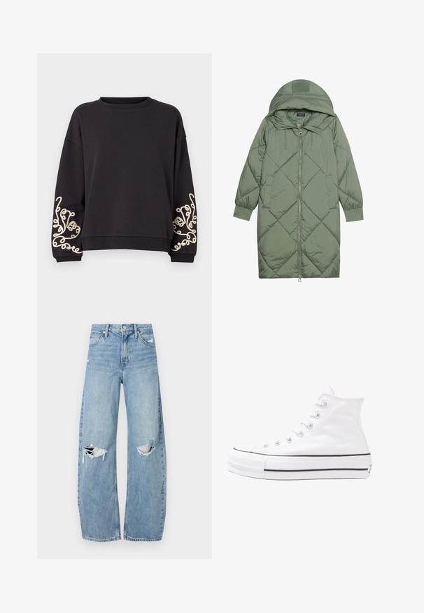 Abrigo acolchado largo verde tipo puffer con capucha, que presenta un cierre frontal con cremallera y dos bolsillos laterales. Patrón de diamantes texturizado en toda su superficie.; Sudadera negra de manga larga y con un escote redondeado. Presenta un intrincado bordado en crema en ambos puños. Textura de tela suave.; Vaqueros de mezclilla de tiro alto en azul claro. Tienen piernas anchas, dos áreas desgastadas en las rodillas y un estilo clásico de cinco bolsillos.; Zapatilla de lona alta blanca con suela de goma negra, puntera de goma frontal y seis ojetes para los cordones, que presenta un diseño limpio y minimalista.