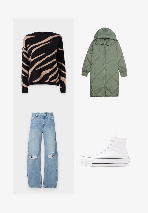 Pistetud pikk roheline puffermantel kapuutsiga, esiküljel tõmblukuga ja kahe küljetaskuga. Kogu pinnal on struktureeritud rombikujundus.; Mustamüts beežide tiigri triipudega, ringikujulise kaeluse, pikkade varrukate ja pehme tekstuuriga. Serv on ribatud.; Heledad hallideega sinised teksad, millel on kõrge talje. Teksade jalgadel on lai alus, kaks rebitud kohta põlvede ümber ning klassikaline viie tasku stiil.; Valge kõrgem kangast tenniseking, millel on must kummist tald, ees kummist varvasetugi ja kuus aukku paelte jaoks, pakkudes puhta ja minimalistliku disaini.