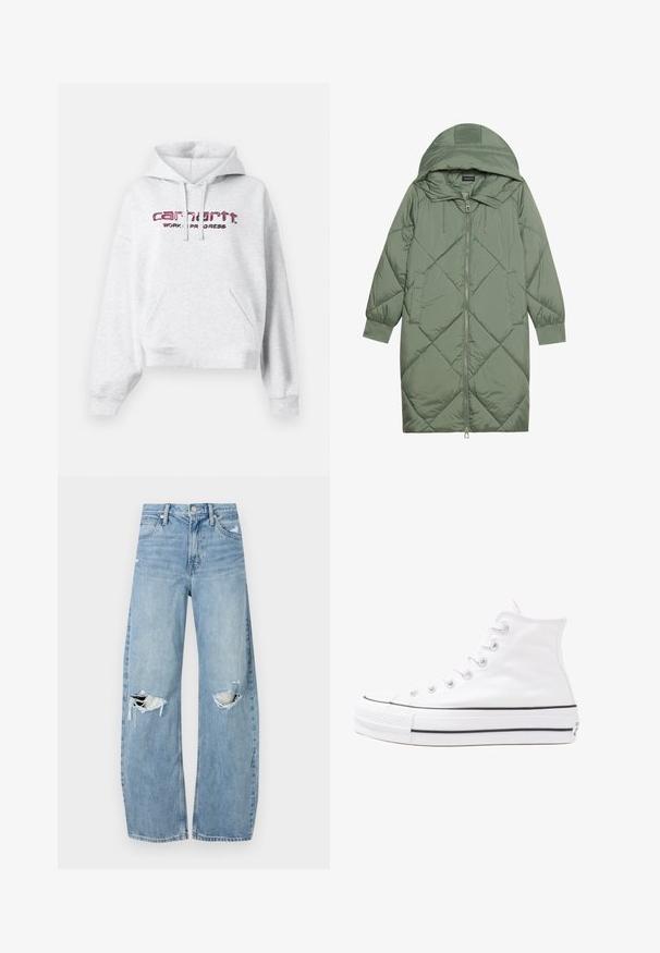 Cappotto lungo imbottito verde con un cappuccio, caratterizzato da una chiusura frontale a zip e due tasche laterali. Motivo a rombi testurizzati su tutta la superficie.; Felpa grigia in tessuto felpato, con tasca a marsupio, cappuccio con cordino e logo "carhartt" ricamato in rosa con la scritta "WORK IN PROGRESS".; Jeans azzurri chiari a vita alta realizzati in denim. Presentano gambe larghe, due aree strappate sulle ginocchia e il classico styling a cinque tasche.; Sneaker alta in tela bianca con suola in gomma nera, punta in gomma frontale e sei asole per i lacci, caratterizzata da un design pulito e minimalista.