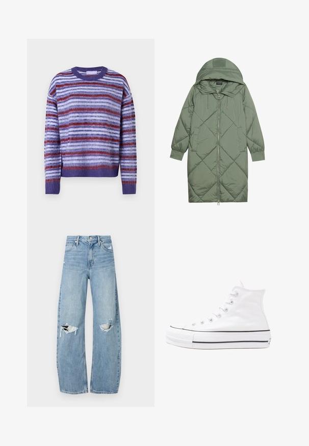 Pistetud pikk roheline puffermantel kapuutsiga, esiküljel tõmblukuga ja kahe küljetaskuga. Kogu pinnal on struktureeritud rombikujundus.; Lilla, punane ja valge udupehme triibuline pika varrukaga sviiter, millel on ümar kaelus ja soonikkoes mansetid ning alläär.; Heledad hallideega sinised teksad, millel on kõrge talje. Teksade jalgadel on lai alus, kaks rebitud kohta põlvede ümber ning klassikaline viie tasku stiil.; Valge kõrgem kangast tenniseking, millel on must kummist tald, ees kummist varvasetugi ja kuus aukku paelte jaoks, pakkudes puhta ja minimalistliku disaini.