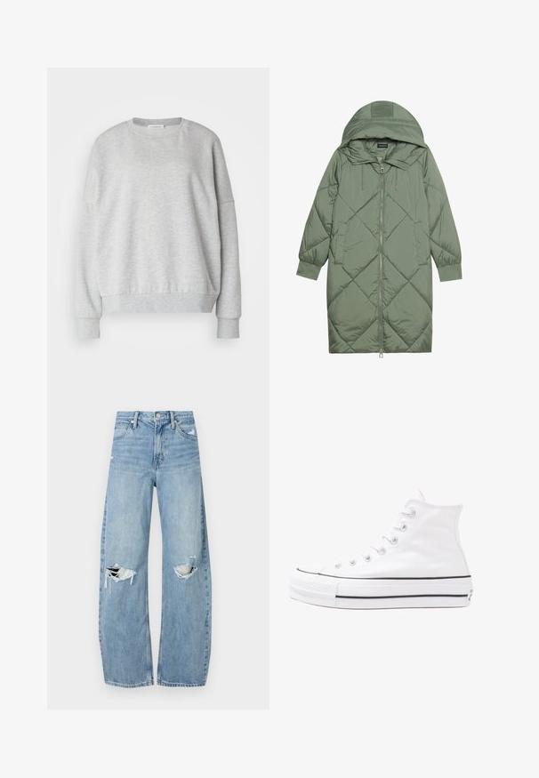 Steppelt, hosszú zöld pufikabát kapucnival, elöl cipzáras záródással és két oldalsó zsebből áll. Az anyagon teljes hosszában váltakozó gyémántmintázat található.; Világosszürke pulóver, puha anyagból készült, lekerekített nyakkivágással, ejtett vállakkal, valamint bordázott mandzsettákkal és alsó szegéllyel a laza illeszkedés érdekében.; Világoskék, magas derekú farmernadrág. Széles lábakkal, két szakadt térddel és klasszikus öt zsebes dizájnnal rendelkezik.; Fehér magaskorsó vászon sportcipő fekete gumi talppal, elülső gumi orrnyereggel és hat fűzőlyukkal, letisztult, minimalista dizájnnal.