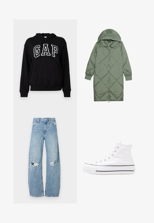 Steppelt, hosszú zöld pufikabát kapucnival, elöl cipzáras záródással és két oldalsó zsebből áll. Az anyagon teljes hosszában váltakozó gyémántmintázat található.; Fekete kapucnis pulcsi elülső kenguruzsebbel, nagy fehér betűkkel a "GAP" felirattal. Puha anyag és bordás mandzsetta.; Világoskék, magas derekú farmernadrág. Széles lábakkal, két szakadt térddel és klasszikus öt zsebes dizájnnal rendelkezik.; Fehér magaskorsó vászon sportcipő fekete gumi talppal, elülső gumi orrnyereggel és hat fűzőlyukkal, letisztult, minimalista dizájnnal.