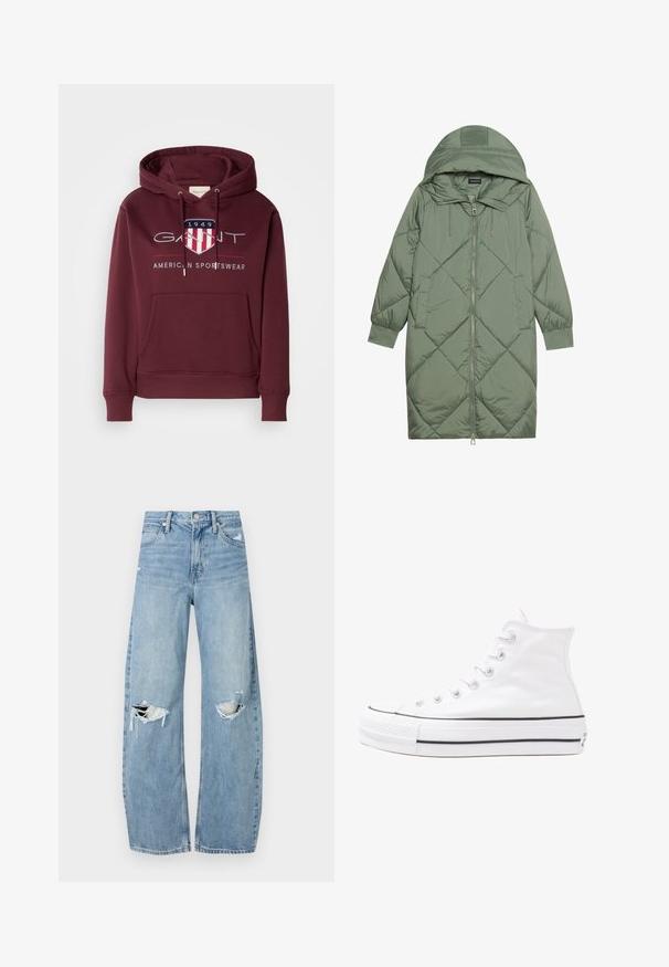Gesteppten langer grüner Daunenmantel mit Kapuze, mit einem Reißverschluss vorne und zwei Seitentaschen. Strukturiertes Rautenmuster auf der gesamten Fläche.; Bordeauxfarbener Hoodie aus weichem Material mit einer Fronttasche, Kordeln und einem Logo mit einem Schild sowie dem Text "1949" auf der Brust.; Helles, hochtailliertes Jeans aus Denim. Hat weit geschnittene Beine, zwei aufgerissene Kniebereiche und klassischen Fünf-Taschen-Stil.; Weiße hochwertige Leinensneaker mit schwarzer Gummisohle, vorderem Gummizehenschutz und sechs Ösen für Schnürsenkel, die ein sauberes, minimalistisches Design aufweisen.