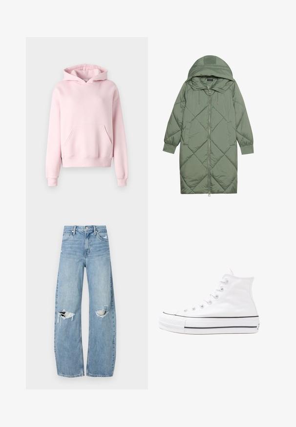Casaco puffer longo verde acolchoado com capuz, apresentando um fecho frontal com zíper e dois bolsos laterais. Padrão texturizado em forma de diamante por todo o casaco.; Gina Tricot BASIC ORIGINAL HOODIE - Camisola - ballet slipper; Jeans de lavagem clara, de cintura alta, feitos de denim. Apresentam pernas largas, duas áreas rasgadas nos joelhos e o estilo clássico de cinco bolsos.; Sapatilha alta de tela branca com sola de borracha preta, bico de borracha na frente e seis ilhós para os atacadores, apresentando um design limpo e minimalista.