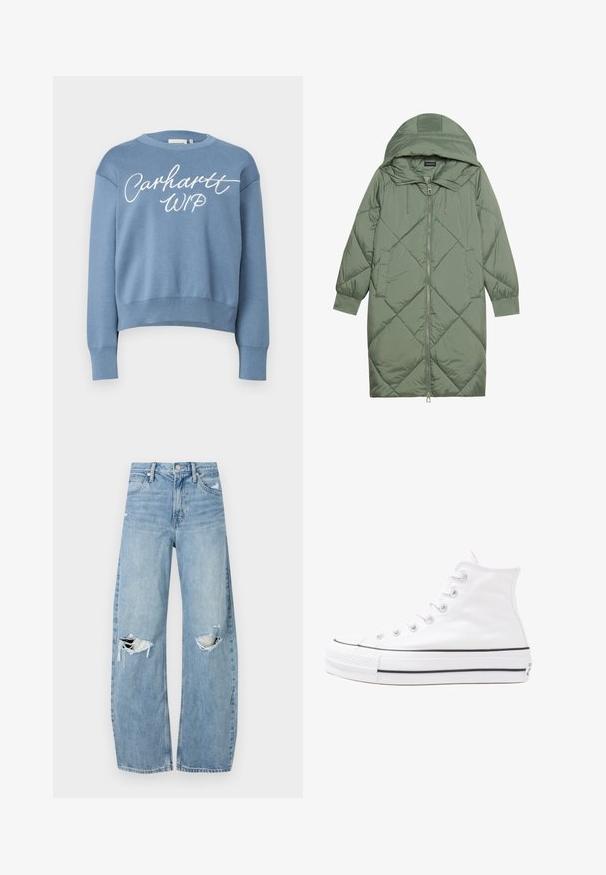 Prošívaný dlouhý zelený péřový kabát s kapucí, který má přední zip a dvě boční kapsy. Po celém povrchu je texturovaný diamantový vzor.; Modrá pletená mikina s kulatým výstřihem, dlouhými rukávy a zkráceným lemem. Na přední straně je bílý potisk loga "Carhartt WIP".; Světle modré džíny s vysokým pasem vyrobené z denimu. Mají široké nohavice, dvě roztržené oblasti na kolenou a klasický pětikapsový střih.; Bílé vysoké plátěné tenisky s černou gumovou podrážkou, přední gumovou špičkou a šesti očky na tkaničky, se čistým, minimalistickým designem.