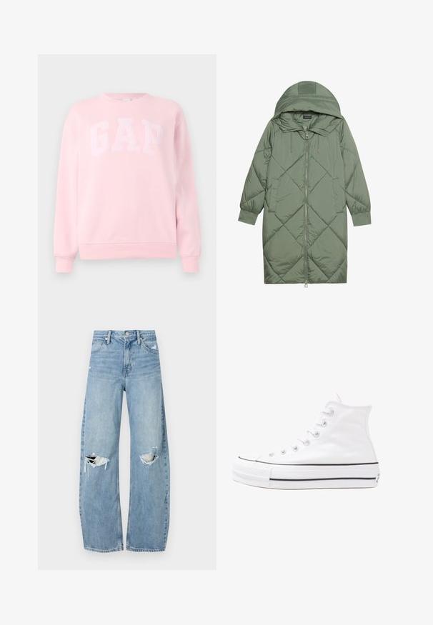 Izšūts garš zaļš pūšļa mētelis ar kapuci, ar priekšējo rāvējslēdzēju un divām sānu kabatām. Visā virsmā ir teksturēta dimanta raksts.; Gaiši rozā crewneck pelēkā džemperis ar garām piedurknēm un ribotiem aprocēm, kuram uz krūtīm ir iegravēts GAP logo.; Gaiši zili, augstās vidukļa džinsi, kas izgatavoti no denima. Iespējas plašas kājas, divas plēstas ceļa daļas un klasiskā piecu kabatu dizains.; Balti augstie kanvas sporta apavi ar melnu gumijas zoli, priekšējo gumijas purngalu un sešām acīm lencēm, kuriem ir tīrs, minimālistisks dizains.