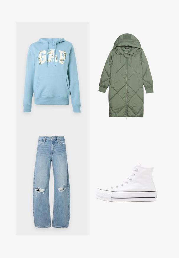 Quiltet lang grønn pufferjakke med hette, med en frontglidelås og to sidelommer. Teksturerte diamantmønster overalt.; Lys blå hettegenser med frontlommekenguru, snorer og "GAP"-tekst utsmykket med hvite tusenfrydblomster på brystet.; Lyseblå høytlivsjeans laget av denim. Har vide bein, to revne knær og klassisk fem-lommers design.; Hvit høy-skinn kanvas sneakers med svart gummisåle, gummitåhette foran og seks hull for snorer, med et rent, minimalistisk design.