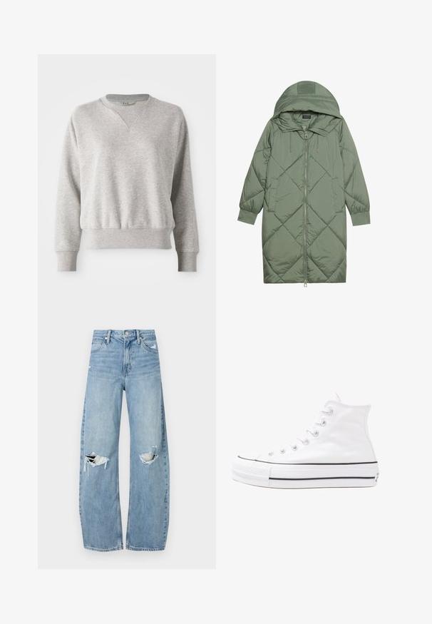 Izšūts garš zaļš pūšļa mētelis ar kapuci, ar priekšējo rāvējslēdzēju un divām sānu kabatām. Visā virsmā ir teksturēta dimanta raksts.; Gaiši pelēks džemperis ar pussakņu izgriezumu un ribotām malām. Iezīmē brīvu piegriezumu un nelielu ribotu faktūru pie piedurknēm un jostas.; Gaiši zili, augstās vidukļa džinsi, kas izgatavoti no denima. Iespējas plašas kājas, divas plēstas ceļa daļas un klasiskā piecu kabatu dizains.; Balti augstie kanvas sporta apavi ar melnu gumijas zoli, priekšējo gumijas purngalu un sešām acīm lencēm, kuriem ir tīrs, minimālistisks dizains.