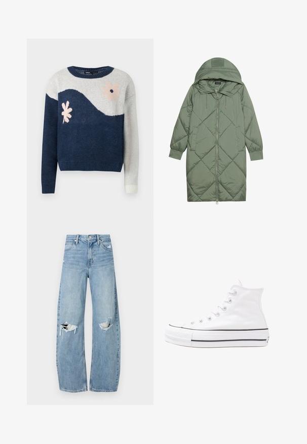 Steppelt, hosszú zöld pufikabát kapucnival, elöl cipzáras záródással és két oldalsó zsebből áll. Az anyagon teljes hosszában váltakozó gyémántmintázat található.; Tengerészeti és világosszürke kötött pulóver hullámmintával, rózsaszín és fekete virágos mintával, kerek nyakkal, bordázott mandzsettákkal és aljjal.; Világoskék, magas derekú farmernadrág. Széles lábakkal, két szakadt térddel és klasszikus öt zsebes dizájnnal rendelkezik.; Fehér magaskorsó vászon sportcipő fekete gumi talppal, elülső gumi orrnyereggel és hat fűzőlyukkal, letisztult, minimalista dizájnnal.