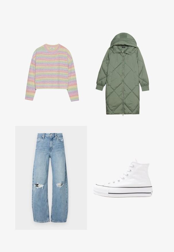 Manteau matelassé long vert avec capuche, doté d'une fermeture éclair à l'avant et de deux poches latérales. Motif en losanges texturé sur toute sa surface.; Pull en tricot à rayures pastel avec un col rond, des manches longues et une taille courte. Le tissu présente une finition légèrement texturée.; Jeans en denim bleu clair à taille haute. Présentent des jambes larges, deux zones déchirées aux genoux et un style classique à cinq poches.; Baskets montantes en toile blanche avec semelle en caoutchouc noir, capuchon en caoutchouc à l'avant, et six œillets pour les lacets, présentant un design épuré et minimaliste.
