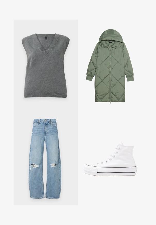 Cappotto lungo imbottito verde con un cappuccio, caratterizzato da una chiusura frontale a zip e due tasche laterali. Motivo a rombi testurizzati su tutta la superficie.; Gilet senza maniche grigio a maglia con scollatura a V e bordi a coste, esposto piatto su uno sfondo chiaro.; Jeans azzurri chiari a vita alta realizzati in denim. Presentano gambe larghe, due aree strappate sulle ginocchia e il classico styling a cinque tasche.; Sneaker alta in tela bianca con suola in gomma nera, punta in gomma frontale e sei asole per i lacci, caratterizzata da un design pulito e minimalista.