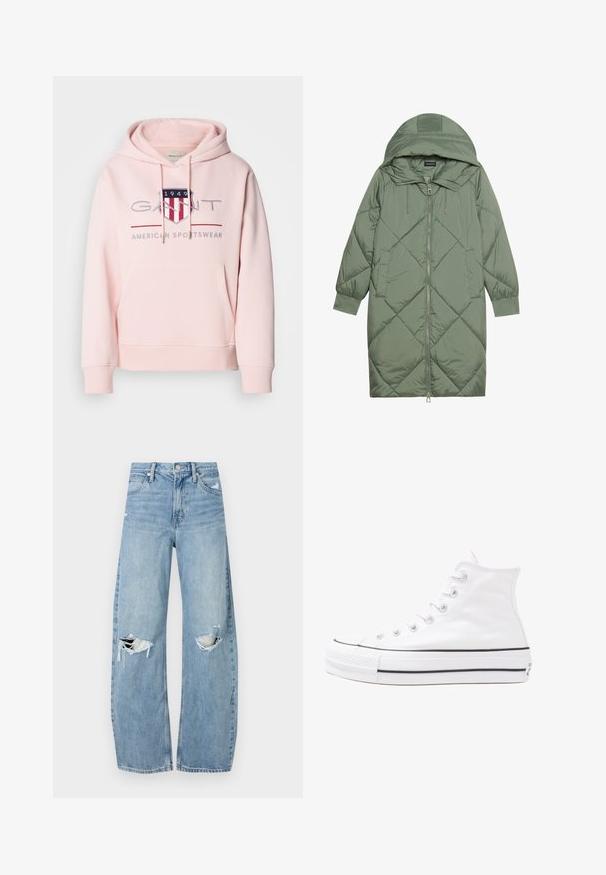 Manteau matelassé long vert avec capuche, doté d'une fermeture éclair à l'avant et de deux poches latérales. Motif en losanges texturé sur toute sa surface.; Sweatshirt à capuche rose en tissu doux. Il dispose d'une poche avant, d'une capuche avec cordon de serrage et d'un logo brodé avec des accents rouges et bleus.; Jeans en denim bleu clair à taille haute. Présentent des jambes larges, deux zones déchirées aux genoux et un style classique à cinq poches.; Baskets montantes en toile blanche avec semelle en caoutchouc noir, capuchon en caoutchouc à l'avant, et six œillets pour les lacets, présentant un design épuré et minimaliste.