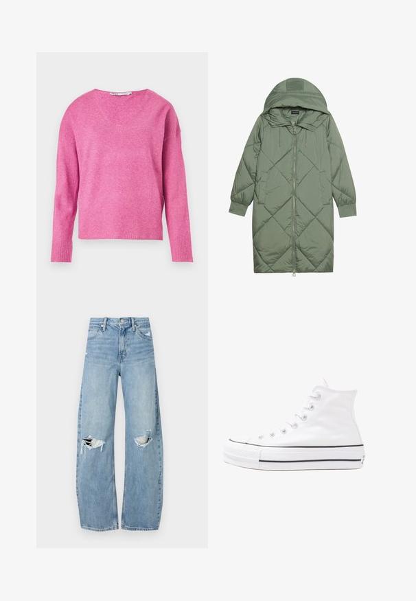 Quilted long green puffer coat with a hood, featuring a front zipper closure and two side pockets. Textured diamond pattern throughout.; Pink knitted sweater with a V-neck, long sleeves, ribbed cuffs, and a soft texture. The design features a slightly loose fit.; Light blue, high-waisted jeans made of denim. Feature wide legs, two torn knee areas, and classic five-pocket styling.; White high-top canvas sneaker with black rubber sole, front rubber toe cap, and six eyelets for laces, featuring a clean, minimalist design.