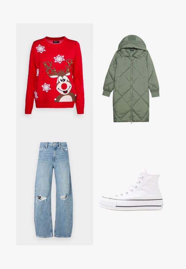 Quiltet lang grøn pufferjakke med hætte, med frontlynlås og to sidelommer. Teksturret diamantmønster over det hele.; ONLY XMAS BELL LS EX - Striktrøje - red; Lysblå, højtraljede jeans lavet af denim. Har brede ben, to huller ved knæene og klassisk fem-lommes stil.; Hvide høje kanvas sneakers med sort gummisål, gummitåhætte foran og seks øjehuller til snørebånd, der har et rent, minimalistisk design.