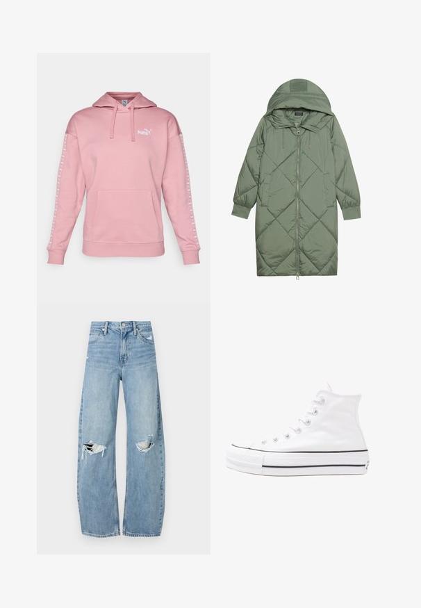 Quilted long green puffer coat with a hood, featuring a front zipper closure and two side pockets. Textured diamond pattern throughout.; Pink hoodie made of soft fabric, featuring a kangaroo pocket, drawstring hood, and white Puma logo on the chest and sleeves.; Light blue, high-waisted jeans made of denim. Feature wide legs, two torn knee areas, and classic five-pocket styling.; White high-top canvas sneaker with black rubber sole, front rubber toe cap, and six eyelets for laces, featuring a clean, minimalist design.