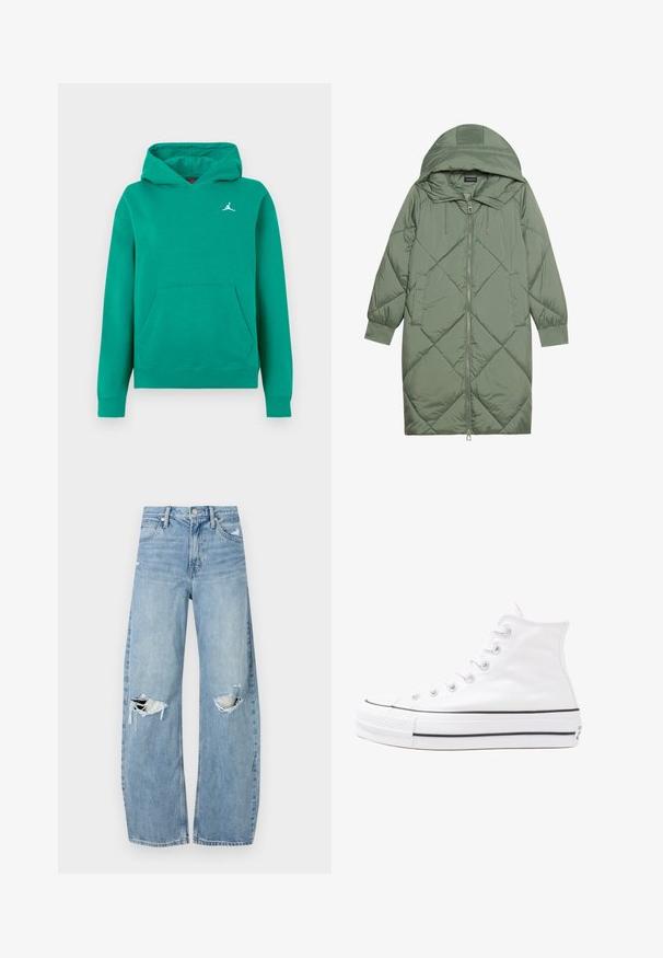 Quiltet lang grønn pufferjakke med hette, med en frontglidelås og to sidelommer. Teksturerte diamantmønster overalt.; Grønn hettegenser laget av mykt stoff, med kengurulomme og ribbede mansjetter. Lite hvitt Jumpman-logo på brystet. Klassisk avslappet passform.; Lyseblå høytlivsjeans laget av denim. Har vide bein, to revne knær og klassisk fem-lommers design.; Hvit høy-skinn kanvas sneakers med svart gummisåle, gummitåhette foran og seks hull for snorer, med et rent, minimalistisk design.