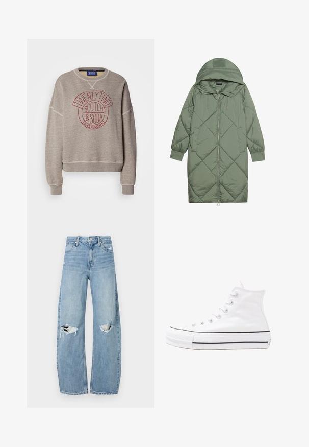 Abrigo acolchado largo verde tipo puffer con capucha, que presenta un cierre frontal con cremallera y dos bolsillos laterales. Patrón de diamantes texturizado en toda su superficie.; Sudadera gris de tela suave con cuello redondo. Presenta una impresión circular roja que dice "TWENTY TWO SCOTCH & SODA AMSTERDAM." Puños acanalados.; Vaqueros de mezclilla de tiro alto en azul claro. Tienen piernas anchas, dos áreas desgastadas en las rodillas y un estilo clásico de cinco bolsillos.; Zapatilla de lona alta blanca con suela de goma negra, puntera de goma frontal y seis ojetes para los cordones, que presenta un diseño limpio y minimalista.