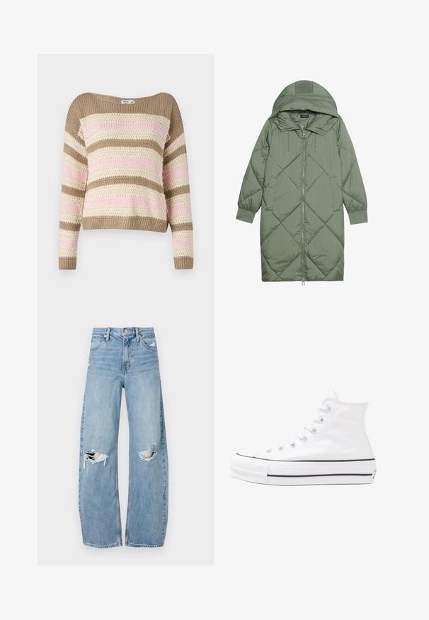 Steppelt, hosszú zöld pufikabát kapucnival, elöl cipzáras záródással és két oldalsó zsebből áll. Az anyagon teljes hosszában váltakozó gyémántmintázat található.; Kötött pulóver széles nyakkivágással, barna, krémszínű és rózsaszín vízszintes csíkokkal. Textúrált mintával és bordázott mandzsettákkal valamint derékkal rendelkezik.; Világoskék, magas derekú farmernadrág. Széles lábakkal, két szakadt térddel és klasszikus öt zsebes dizájnnal rendelkezik.; Fehér magaskorsó vászon sportcipő fekete gumi talppal, elülső gumi orrnyereggel és hat fűzőlyukkal, letisztult, minimalista dizájnnal.