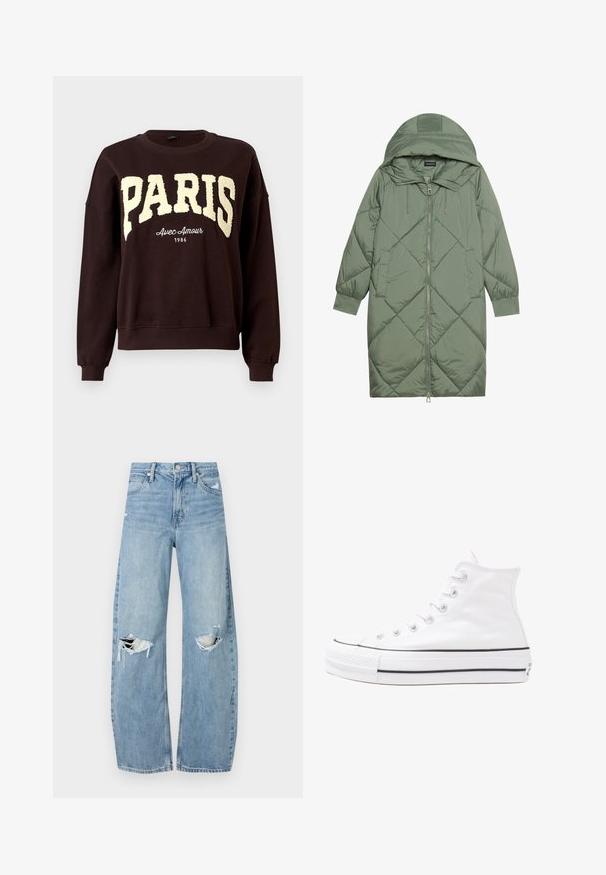 Cappotto lungo imbottito verde con un cappuccio, caratterizzato da una chiusura frontale a zip e due tasche laterali. Motivo a rombi testurizzati su tutta la superficie.; Felpa girocollo marrone scuro con grandi lettere testurizzate "PARIS" e il testo più piccolo "Avec Amour 1986" sotto il petto.; Jeans azzurri chiari a vita alta realizzati in denim. Presentano gambe larghe, due aree strappate sulle ginocchia e il classico styling a cinque tasche.; Sneaker alta in tela bianca con suola in gomma nera, punta in gomma frontale e sei asole per i lacci, caratterizzata da un design pulito e minimalista.