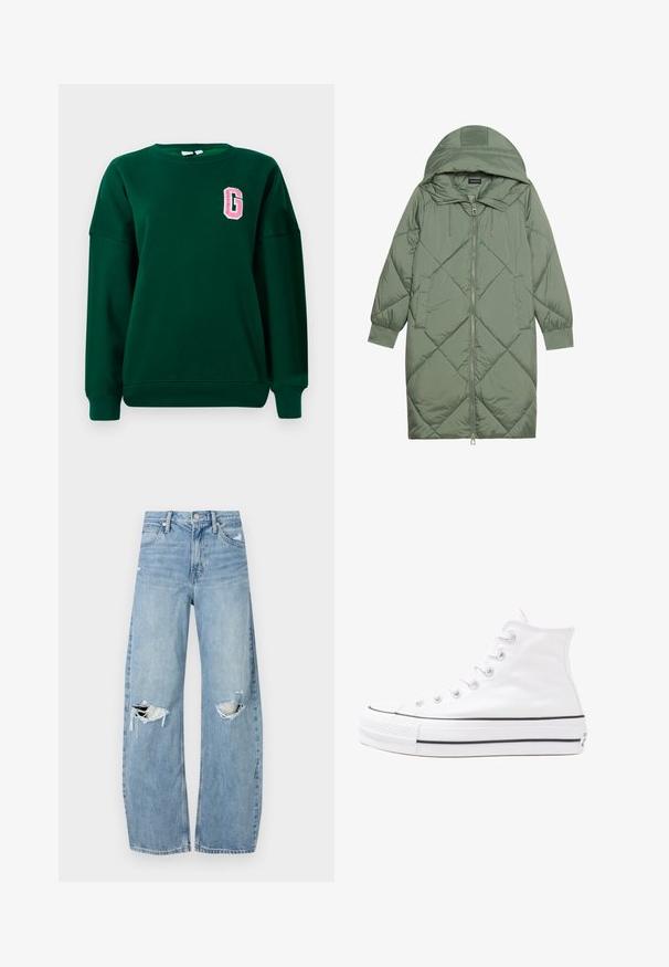 Abrigo acolchado largo verde tipo puffer con capucha, que presenta un cierre frontal con cremallera y dos bolsillos laterales. Patrón de diamantes texturizado en toda su superficie.; Sudadera verde, mezcla de algodón, cuello redondo, hombros caídos, con una letra "G" bordada en rosa en el lado izquierdo del pecho. Corte clásico.; Vaqueros de mezclilla de tiro alto en azul claro. Tienen piernas anchas, dos áreas desgastadas en las rodillas y un estilo clásico de cinco bolsillos.; Zapatilla de lona alta blanca con suela de goma negra, puntera de goma frontal y seis ojetes para los cordones, que presenta un diseño limpio y minimalista.