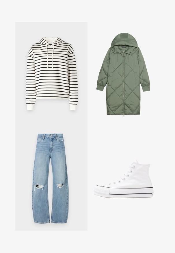 Quilted long green puffer coat with a hood, featuring a front zipper closure and two side pockets. Textured diamond pattern throughout.; Striped hoodie in cream and black. Made of soft fabric, features a drawstring hood, long sleeves, and a relaxed fit.; Light blue, high-waisted jeans made of denim. Feature wide legs, two torn knee areas, and classic five-pocket styling.; White high-top canvas sneaker with black rubber sole, front rubber toe cap, and six eyelets for laces, featuring a clean, minimalist design.
