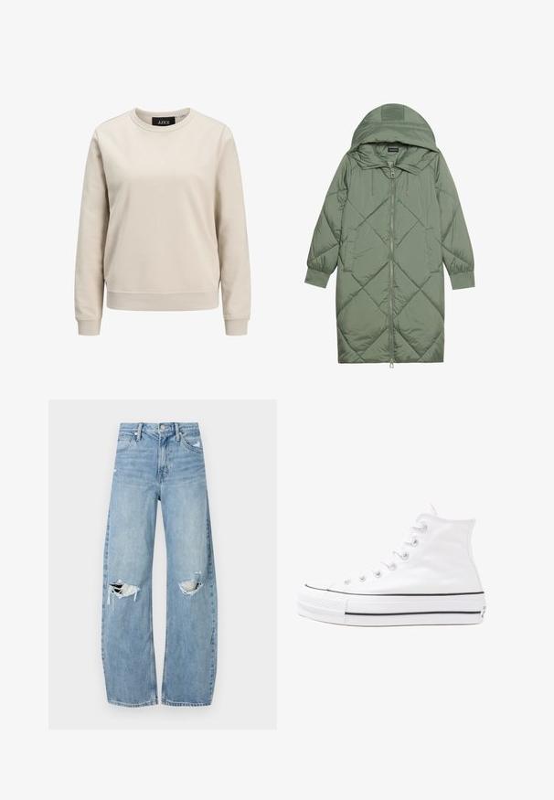 Puchowy, długi, zielony płaszcz z kapturem, z zamkiem błyskawicznym z przodu i dwoma bocznymi kieszeniami. Całość pokryta fakturowanym wzorem diamentowym.; Beżowa bluza z okrągłym dekoltem, długimi rękawami, prążkowanymi mankietami i dołem, wykonana z miękkiego materiału bawełnianego. Prosty design bez wzorów.; Jasnoniebieskie, wysokiej talii dżinsy wykonane z denimu. Posiadają szerokie nogawki, dwa podarte miejsca na kolanach oraz klasyczne pięć kieszeni.; Białe wysokie trampki z płótna z czarną gumową podeszwą, przednim czubkiem z gumy i sześcioma dziurkami na sznurowadła, charakteryzujące się prostym, minimalistycznym designem.