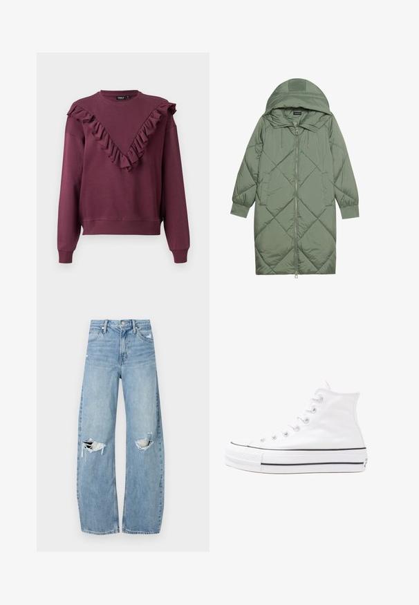 Izšūts garš zaļš pūšļa mētelis ar kapuci, ar priekšējo rāvējslēdzēju un divām sānu kabatām. Visā virsmā ir teksturēta dimanta raksts.; Burgundijas krāsas džemperis ar frāzētu V formas kakla izgriezumu, garām piedurknēm un ribots aprocēm un apakšmalu. Izgatavots no mīkstas auduma, ar brīvu piegriezumu.; Gaiši zili, augstās vidukļa džinsi, kas izgatavoti no denima. Iespējas plašas kājas, divas plēstas ceļa daļas un klasiskā piecu kabatu dizains.; Balti augstie kanvas sporta apavi ar melnu gumijas zoli, priekšējo gumijas purngalu un sešām acīm lencēm, kuriem ir tīrs, minimālistisks dizains.