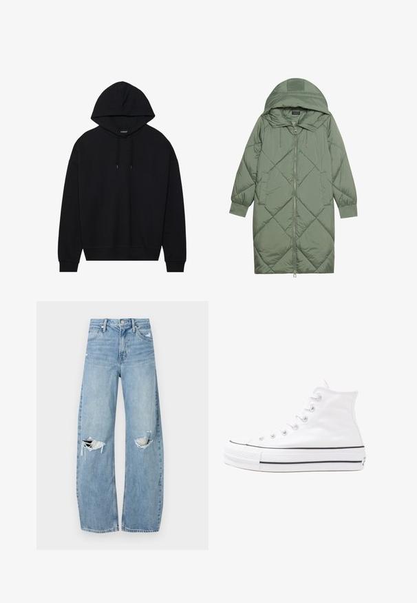 Gequiltede lange groene pufferjas met een capuchon, met een ritssluiting aan de voorkant en twee zijzakken. Gelaagd ruitpatroon overal.; Zwarte hooded sweatshirt van katoen, met een trekkoordsluiting, lange mouwen en ribbels aan de manchetten en onderrand. Glad, effen kleurafwerking.; Lichtblauwe, hooggeritste jeans van denim. Beschikken over wijde pijpen, twee gescheurde knievalken en klassieke vijfzakken styling.; Witte high-top canvas sneakers met een zwarte rubberen zool, een rubberen neuskap aan de voorkant en zes gaatjes voor veters, met een schone, minimalistische uitstraling.