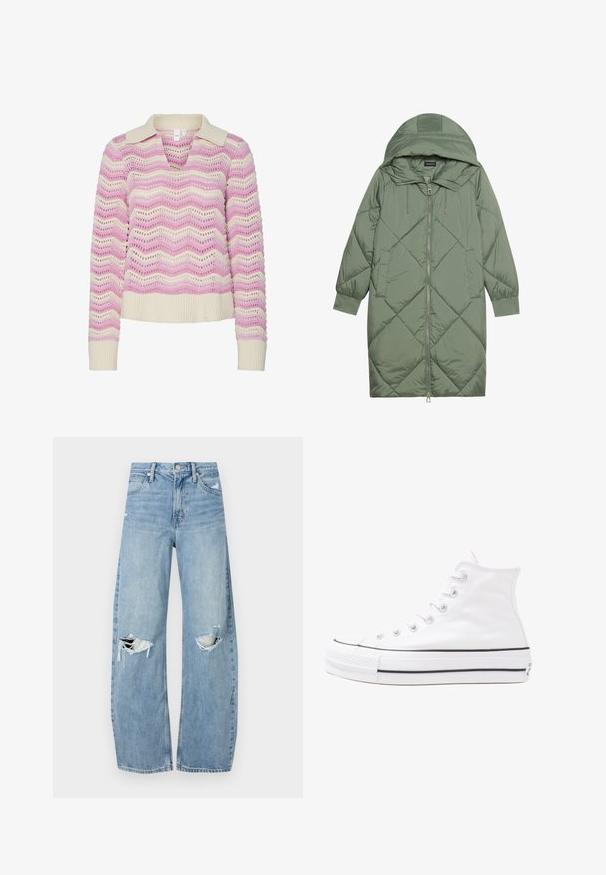 Gesteppten langer grüner Daunenmantel mit Kapuze, mit einem Reißverschluss vorne und zwei Seitentaschen. Strukturiertes Rautenmuster auf der gesamten Fläche.; Strickpullover mit V-Ausschnitt und kurzem Kragen, versehen mit einem Wellenmuster in Rosa und Creme. Mit Struktur, gerippten Bündchen und Saum.; Helles, hochtailliertes Jeans aus Denim. Hat weit geschnittene Beine, zwei aufgerissene Kniebereiche und klassischen Fünf-Taschen-Stil.; Weiße hochwertige Leinensneaker mit schwarzer Gummisohle, vorderem Gummizehenschutz und sechs Ösen für Schnürsenkel, die ein sauberes, minimalistisches Design aufweisen.