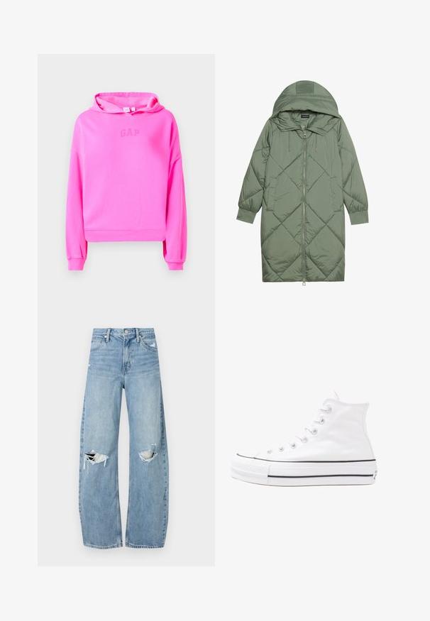 Zelený prešívaný páperový kabát s kapucňou, so zipsovým uzáverom vpredu a dvoma bočnými vreckami. Po celom povrchu je textúrovaný diamantový vzor.; Ružová skrátená mikina vyrobená z mäkkej tkaniny, so šnúrkou na kapucni a jemným logom GAP v strede. Rybárované manžety a spodný lem.; Svetlomodré, vysoké džínsy vyrobené z denimu. Majú široké nohavice, dve roztrhnuté kolená a klasický päťvreckový strih.; Biele vysoké plátené tenisky s čiernou gumovou podošvou, prednou gumovou špičkou a šiestimi okami na šnúrky, s čistým, minimalistickým dizajnom.