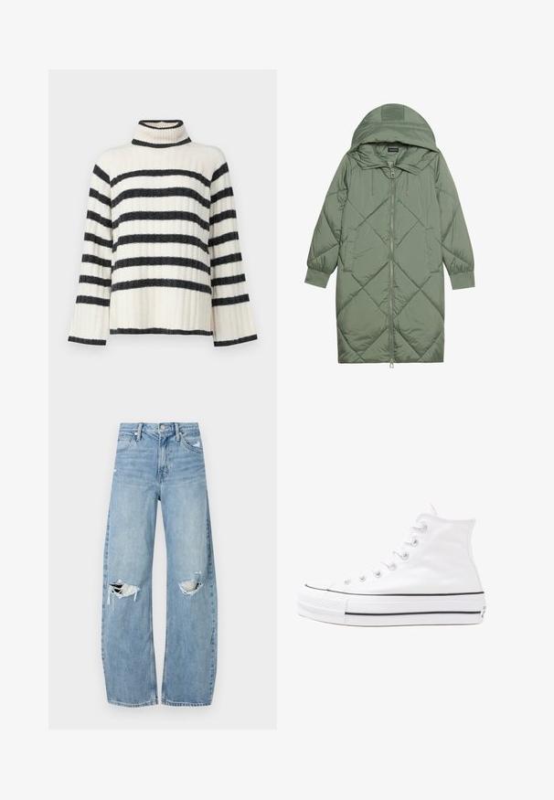 Prostorna dolga zeleni puffer plašč s kapuco, z zadrgo spredaj in dvema stranskima žepoma. Tekstura z diamantnim vzorcem po celotni površini.; Črtasta turtleneck pulover v krema in črni barvi, s ribasto teksturo, širokimi rokavi in visokim ovratnikom. Horizontalne črte po telesu.; Svijetloplave traperice visoki struk. Imaju široke nogavice, dva poderana područja na koljenima i klasičan petotoksi stil.; Beli visoki platneni športni čevelj z črnim gumijastim podplatom, sprednjim gumijastim zaščitnikom za prste in šestimi luknjicami za vezalke, ki se ponaša s preprostim, minimalističnim dizajnom.