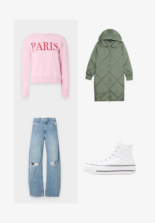 Zelený prešívaný páperový kabát s kapucňou, so zipsovým uzáverom vpredu a dvoma bočnými vreckami. Po celom povrchu je textúrovaný diamantový vzor.; Ružový sweatshirt s okrúhlym výstrihom, dlhými rukávmi a ribbed manžetami. Na prednej strane sa nachádza veľký červený nápis "PARÍŽ". Mäkký materiál.; Svetlomodré, vysoké džínsy vyrobené z denimu. Majú široké nohavice, dve roztrhnuté kolená a klasický päťvreckový strih.; Biele vysoké plátené tenisky s čiernou gumovou podošvou, prednou gumovou špičkou a šiestimi okami na šnúrky, s čistým, minimalistickým dizajnom.