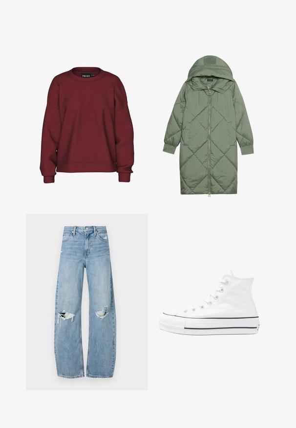 Izšūts garš zaļš pūšļa mētelis ar kapuci, ar priekšējo rāvējslēdzēju un divām sānu kabatām. Visā virsmā ir teksturēta dimanta raksts.; Burgundijas krāsas džemperis ar apaļu kakla izgriezumu, brīvu piegriezumu, garām piedurknēm, ribotām aprocēm un mīkstu kokvilnas maisījumu. Vienkāršs dizains, bez rakstiem.; Gaiši zili, augstās vidukļa džinsi, kas izgatavoti no denima. Iespējas plašas kājas, divas plēstas ceļa daļas un klasiskā piecu kabatu dizains.; Balti augstie kanvas sporta apavi ar melnu gumijas zoli, priekšējo gumijas purngalu un sešām acīm lencēm, kuriem ir tīrs, minimālistisks dizains.