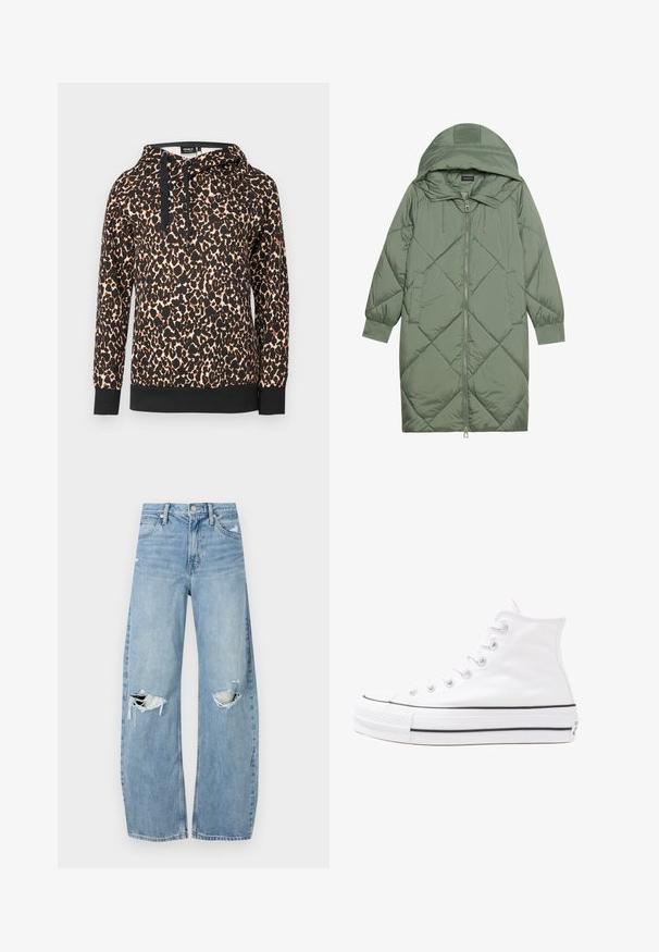 Quiltet lang grønn pufferjakke med hette, med en frontglidelås og to sidelommer. Teksturerte diamantmønster overalt.; Hettegenser med leopardmønster i myk stoff, med svart kontrastkant og snorer. Løs passform med lange ermer.; Lyseblå høytlivsjeans laget av denim. Har vide bein, to revne knær og klassisk fem-lommers design.; Hvit høy-skinn kanvas sneakers med svart gummisåle, gummitåhette foran og seks hull for snorer, med et rent, minimalistisk design.