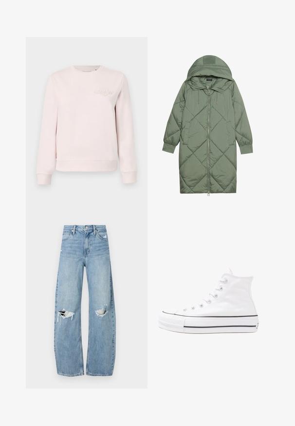 Puchowy, długi, zielony płaszcz z kapturem, z zamkiem błyskawicznym z przodu i dwoma bocznymi kieszeniami. Całość pokryta fakturowanym wzorem diamentowym.; Jasnoróżowy sweter wykonany z mieszanki bawełny, z ribbowym dekoltem okrągłym i mankietami, z wytłoczonym logo na piersi. Prosty design.; Jasnoniebieskie, wysokiej talii dżinsy wykonane z denimu. Posiadają szerokie nogawki, dwa podarte miejsca na kolanach oraz klasyczne pięć kieszeni.; Białe wysokie trampki z płótna z czarną gumową podeszwą, przednim czubkiem z gumy i sześcioma dziurkami na sznurowadła, charakteryzujące się prostym, minimalistycznym designem.