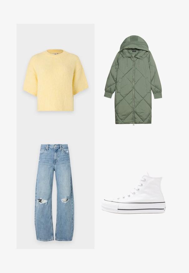 Vadderad lång grön pufferjacka med huva, med en framsidan dragkedjestängning och två sidofickor. Strukturerad diamantmönster över hela plagget.; Kortärmad, stickad gul tröja, avslappnad passform, rund hals, mjukt material, ribbade kanter och en avslappnad silhuett.; Ljusblå, högmidjade jeans i denim. Har vida ben, två slitna knäområden och klassisk femfickedesign.; Vit hög topp canvas sneaker med svart gummisulan, framsidan gummitåhätta och sex öglor för snören, med en ren, minimalistisk design.