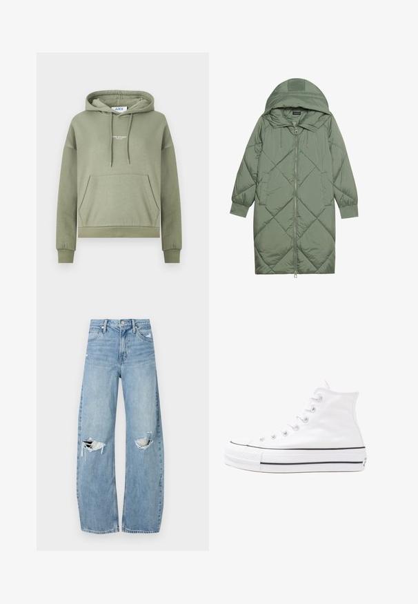 Casaco puffer longo verde acolchoado com capuz, apresentando um fecho frontal com zíper e dois bolsos laterais. Padrão texturizado em forma de diamante por todo o casaco.; Sude verde com um bolso canguru, capuz com cordão e punhos canelados. Apresenta o logotipo branco "JJXX STUDIO" na frente. Textura de tecido macio.; Jeans de lavagem clara, de cintura alta, feitos de denim. Apresentam pernas largas, duas áreas rasgadas nos joelhos e o estilo clássico de cinco bolsos.; Sapatilha alta de tela branca com sola de borracha preta, bico de borracha na frente e seis ilhós para os atacadores, apresentando um design limpo e minimalista.