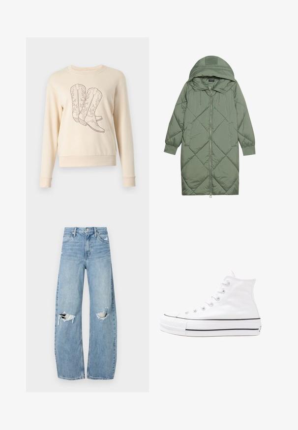 Quiltet lang grønn pufferjakke med hette, med en frontglidelås og to sidelommer. Teksturerte diamantmønster overalt.; JDY JDYPARIS EMB NOOS - Sweatshirt - whitecap gray; Lyseblå høytlivsjeans laget av denim. Har vide bein, to revne knær og klassisk fem-lommers design.; Hvit høy-skinn kanvas sneakers med svart gummisåle, gummitåhette foran og seks hull for snorer, med et rent, minimalistisk design.